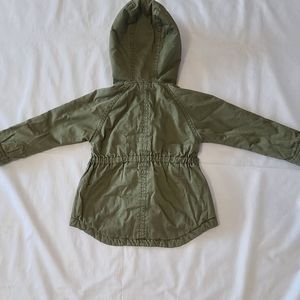 girls olive green coat with fur lined hood.